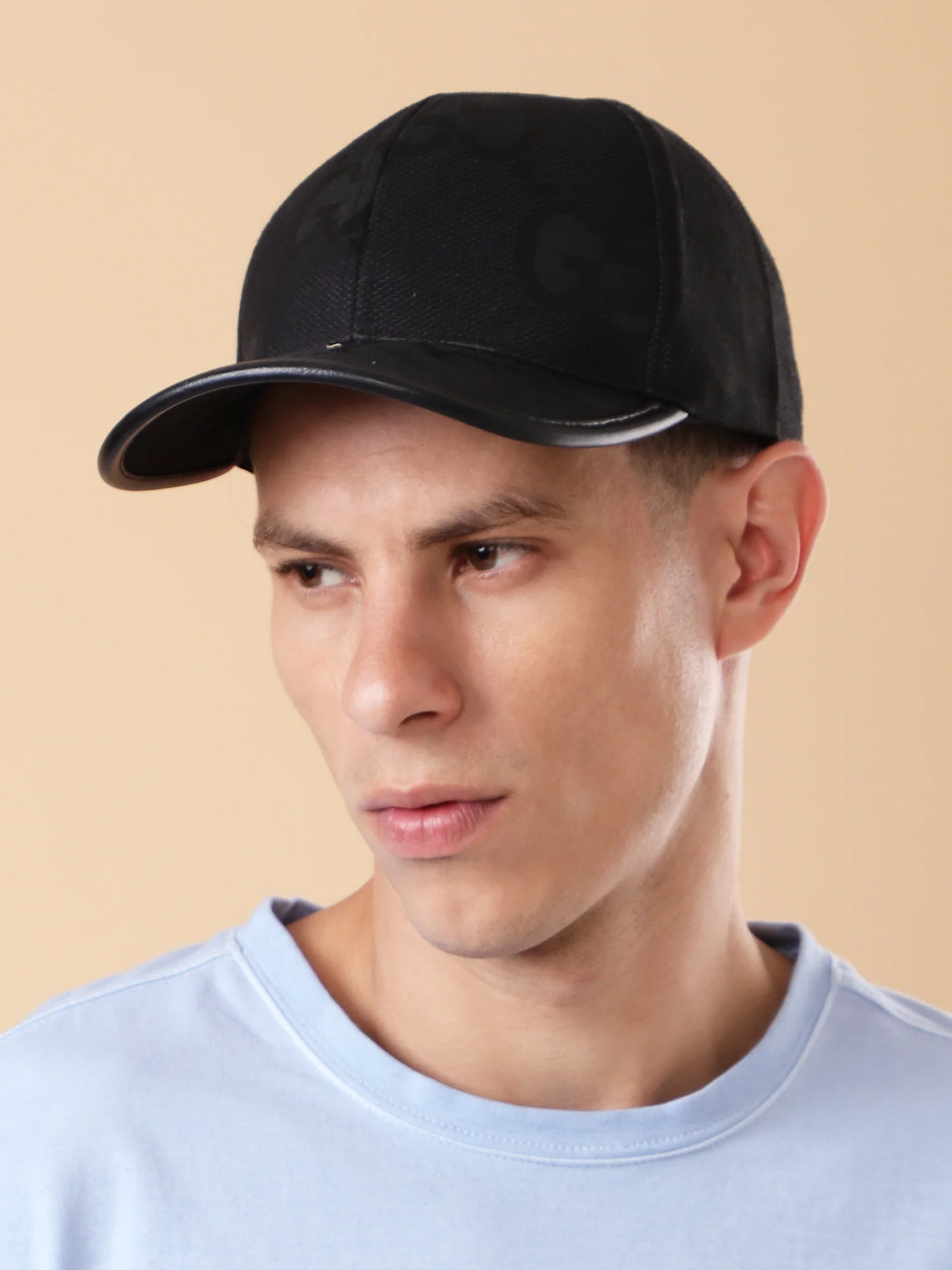 Sleek Black 'GG' Pattern Cap - Textured Design & Faux Leather Brim - Image 2