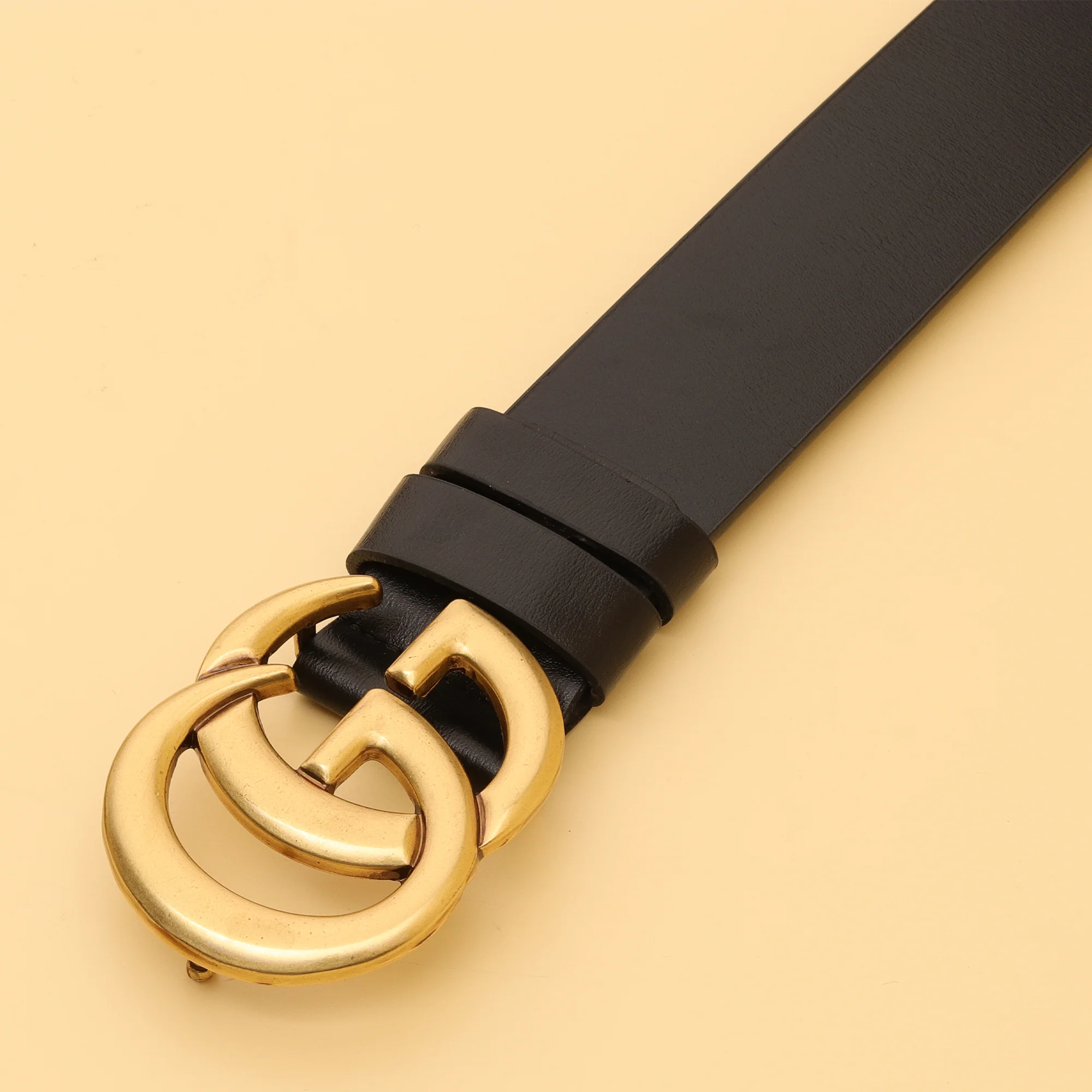 Black Leather Belt with Iconic Double G Buckle