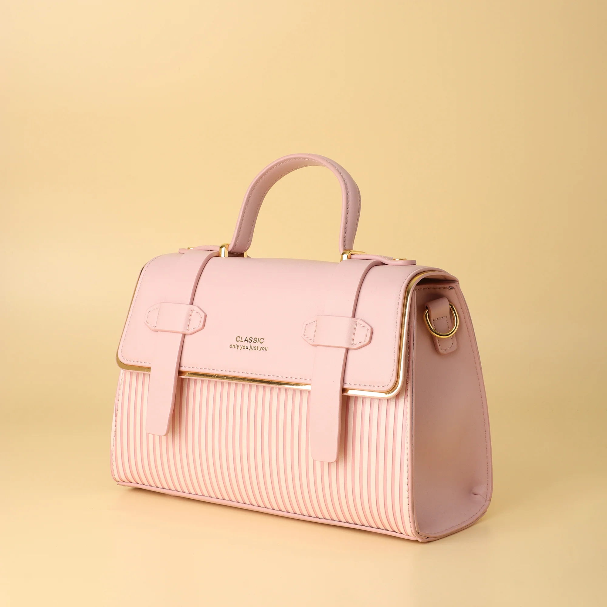 Blush Pink Striped Classic Handbag - Image 3