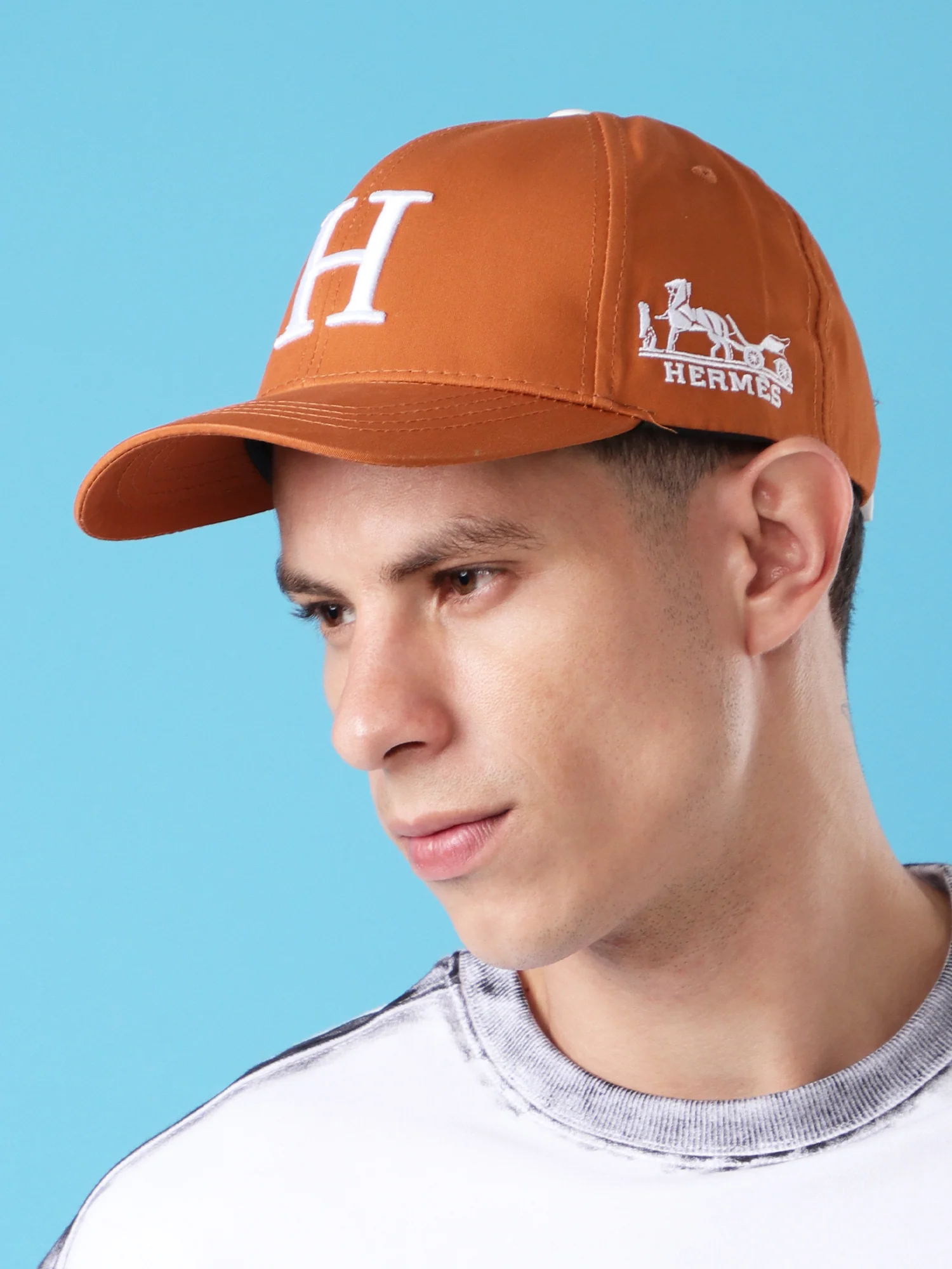 Brown Baseball Cap with Embroidered H - Image 2