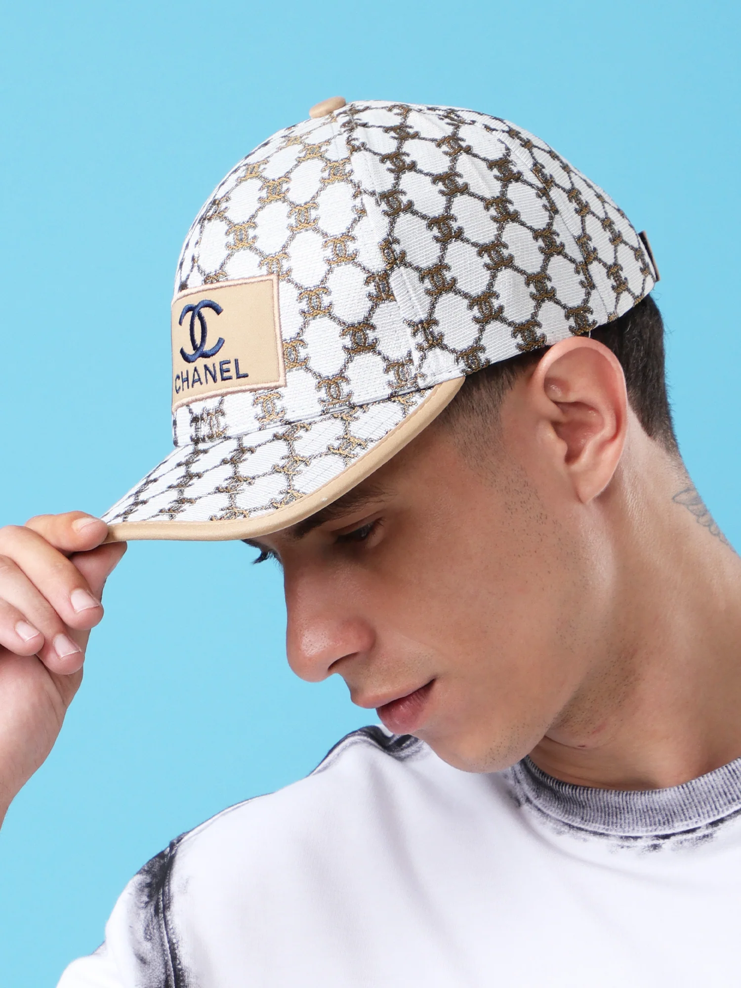 Chanel Monogram Embroidered Beige & White Baseball Cap - Image 3
