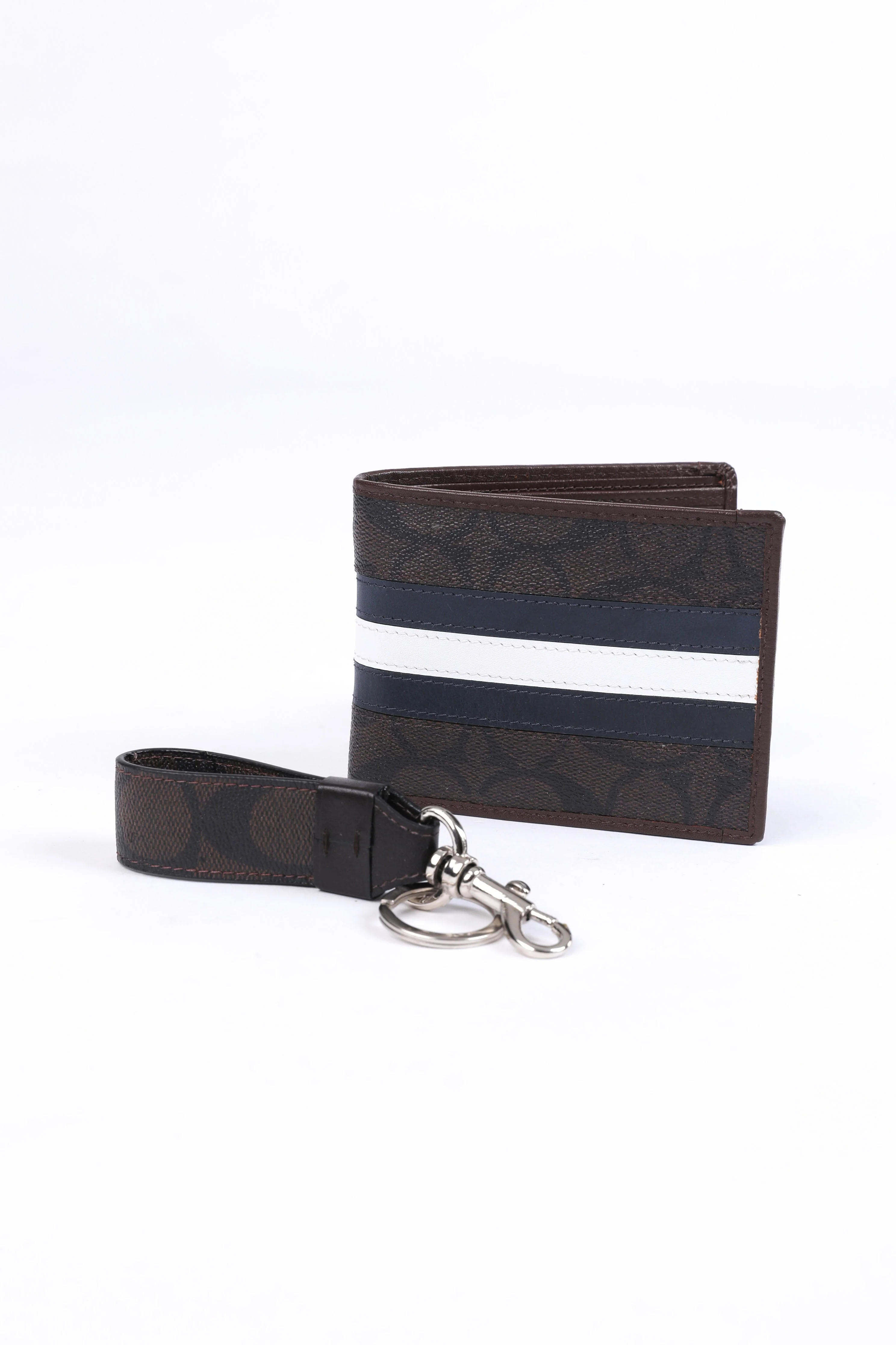 Coach Signature Stripe Bifold Wallet & Keychain Set (Brown)