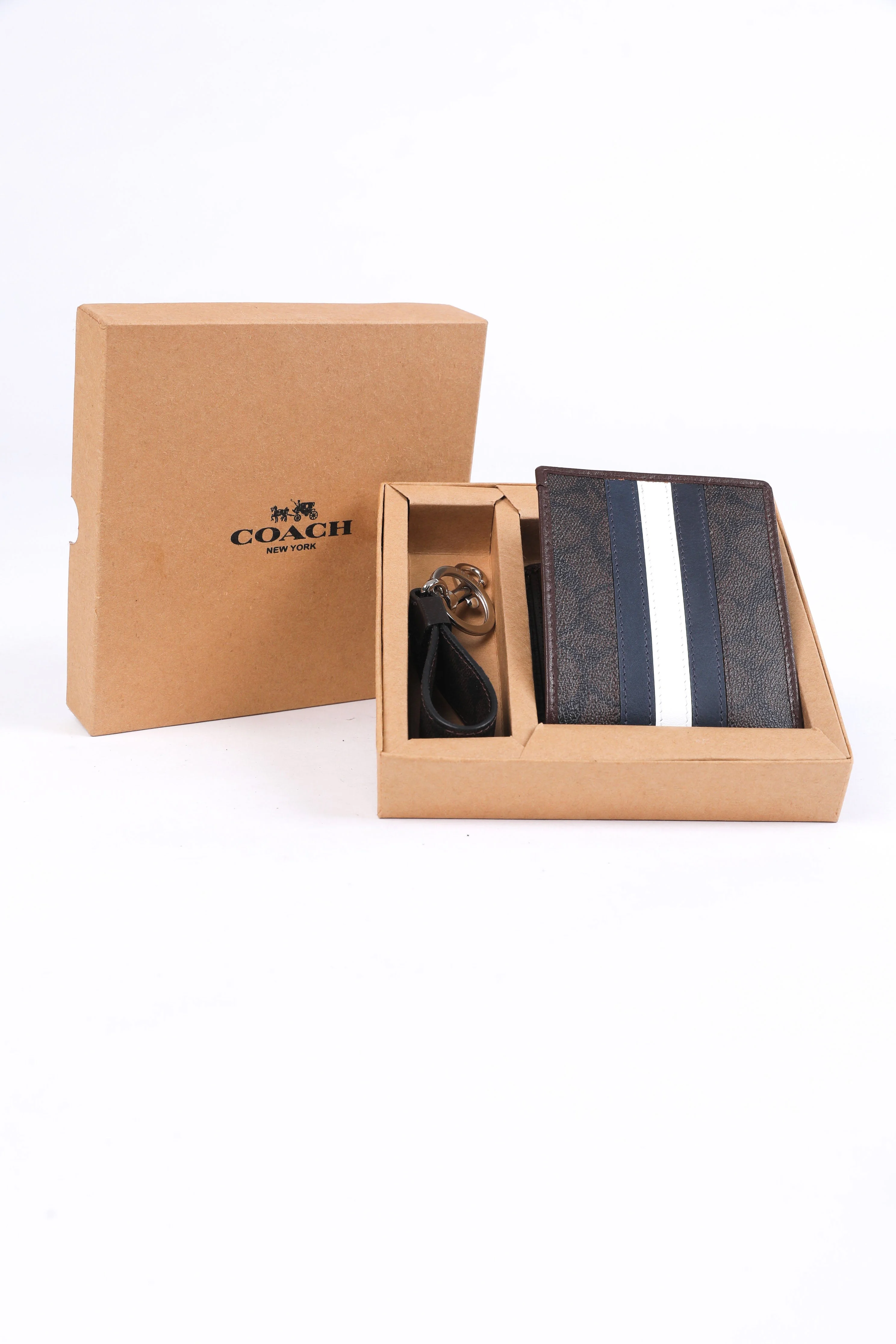 Coach Signature Stripe Bifold Wallet & Keychain Set (Brown) - Image 2