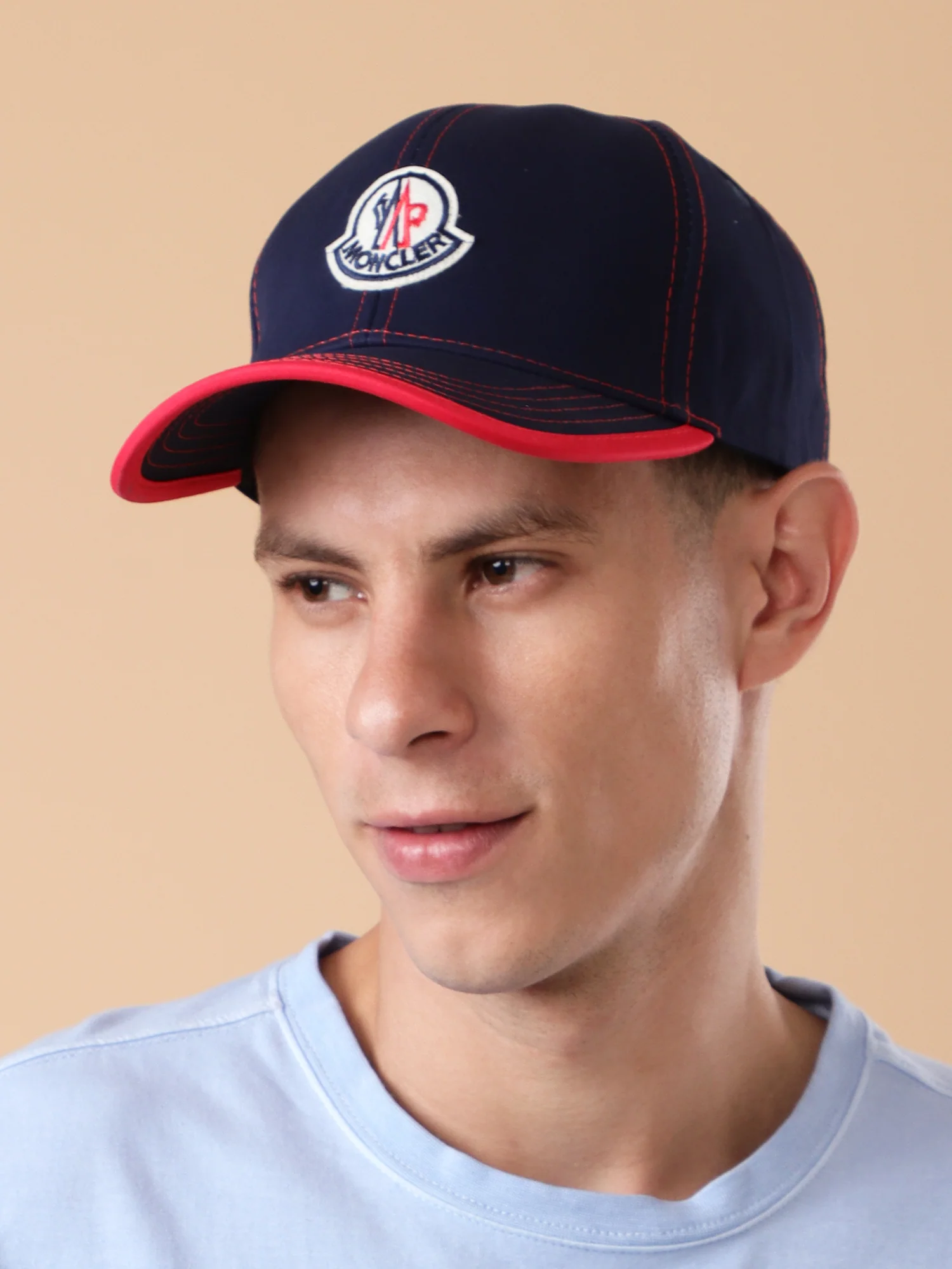 Navy Blue & Red Contrast Stitch Baseball Cap - Image 2
