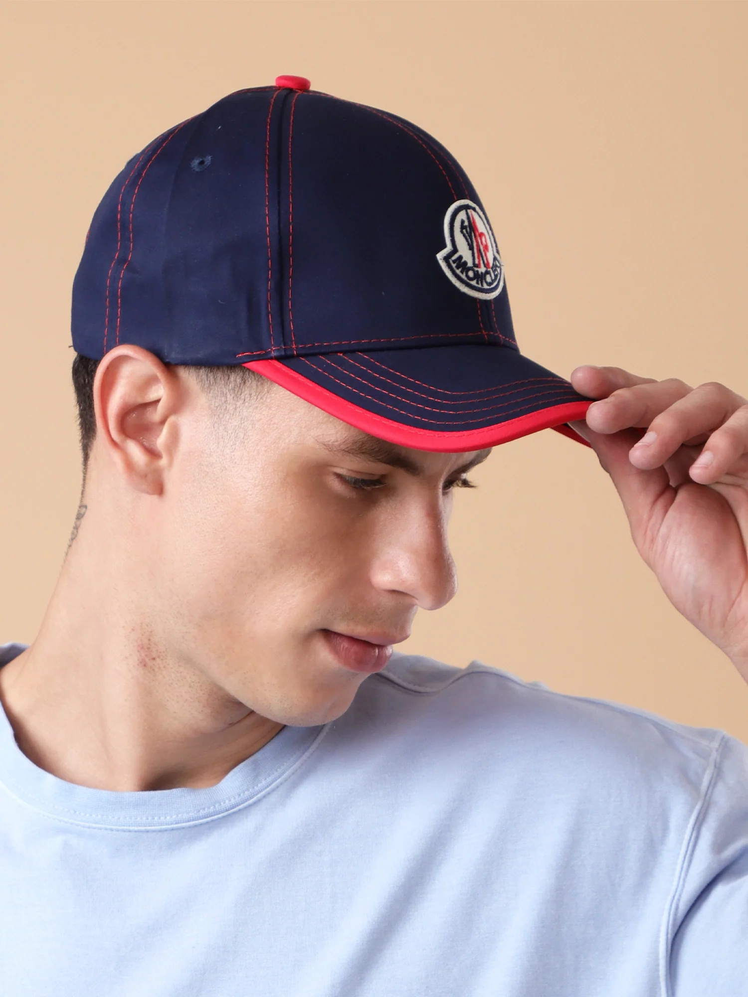 Navy Blue & Red Contrast Stitch Baseball Cap - Image 3