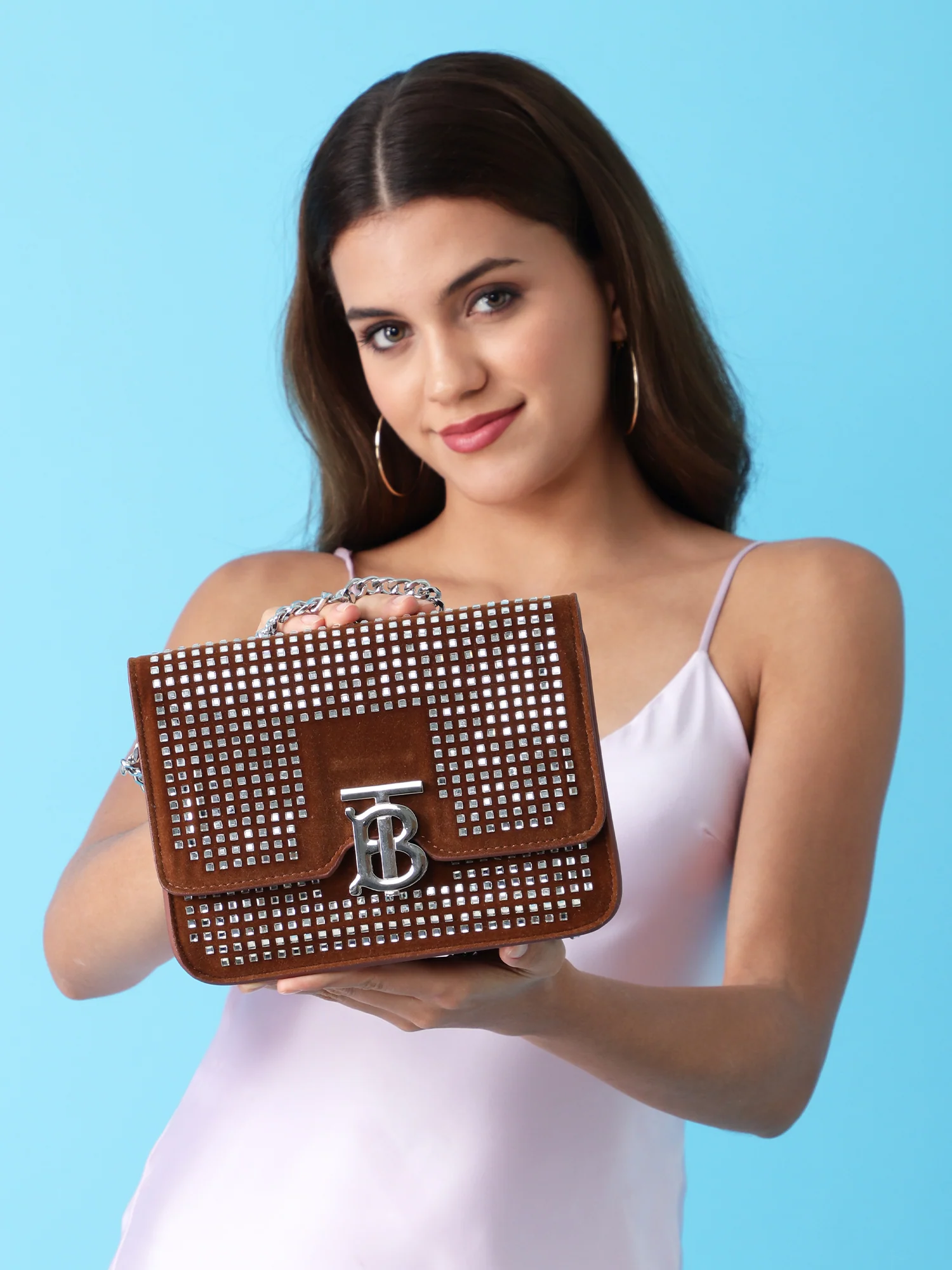 TB Monogram Studded Suede Chain Bag in Chestnut Brown - Image 2